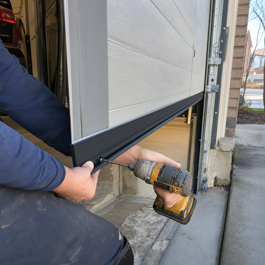 Technician installing rubber bottom weather seal on a garage door