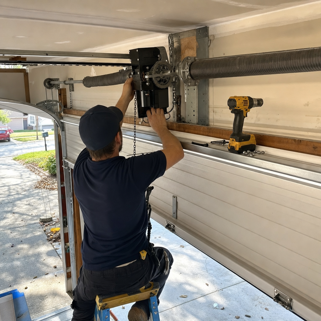 Technician installing a wall-mount garage door opener system