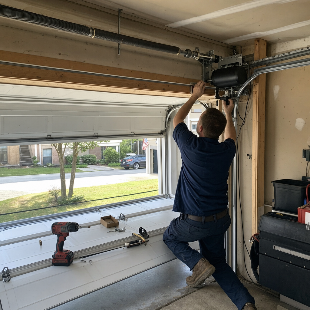 Technician performing professional garage door opener installation and repair service