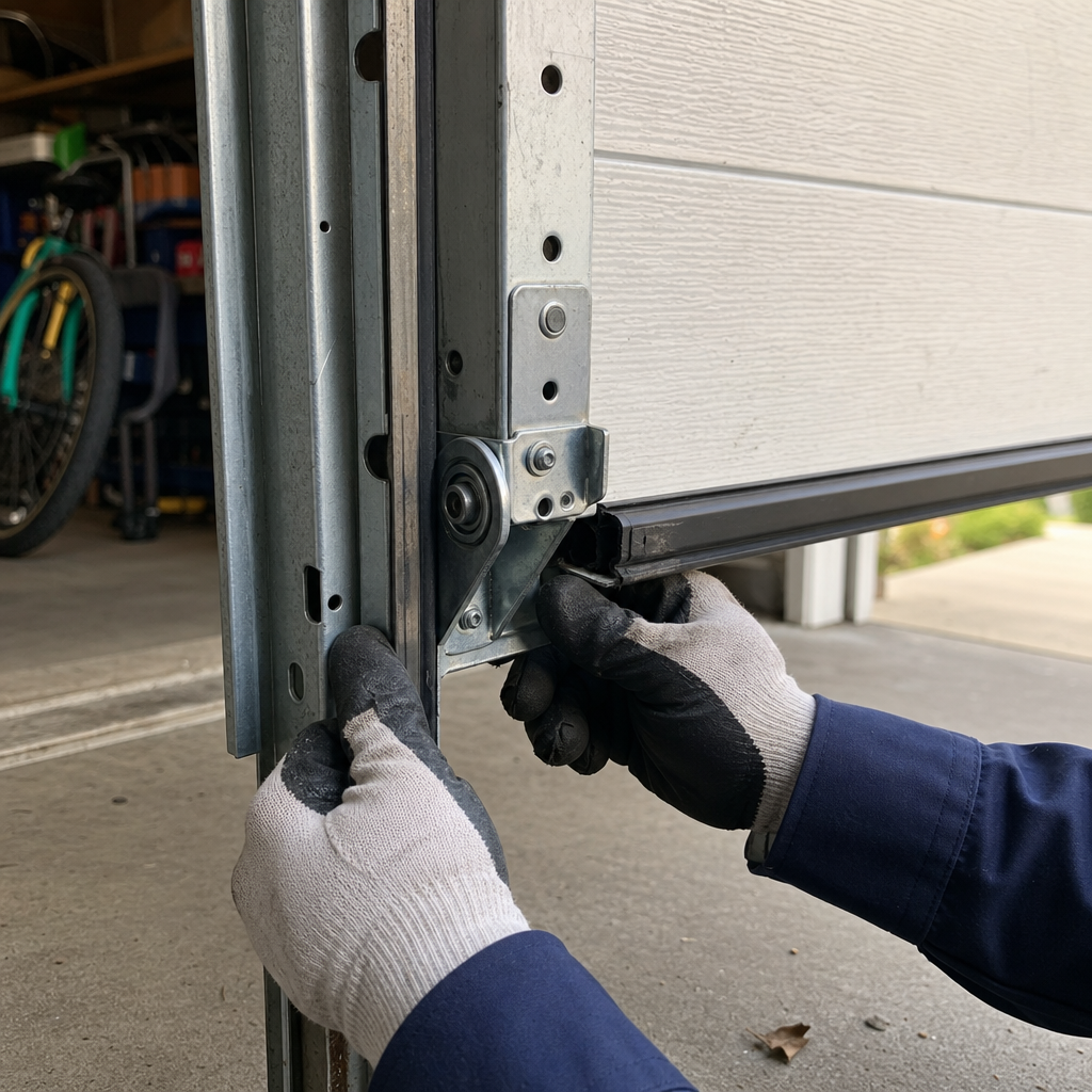 Technician performing garage door maintenance and repair on tracks and hardware