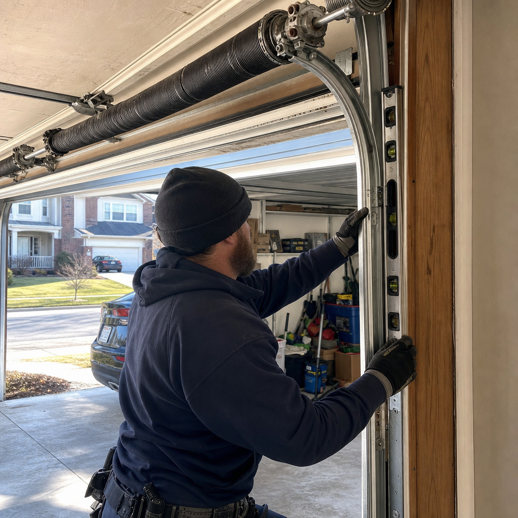 Technician using a level to align a garage door track