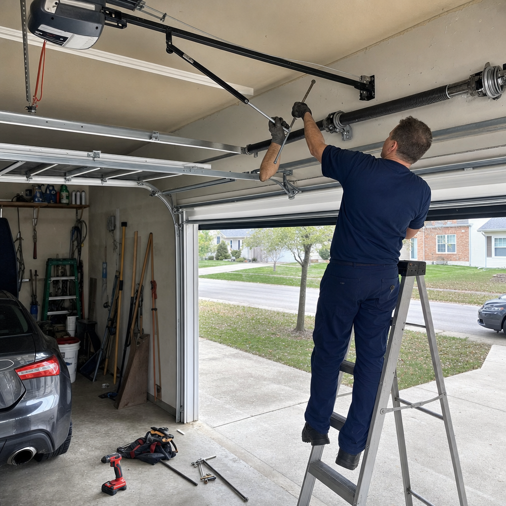 Technician performing garage door torsion spring repair on a ladder