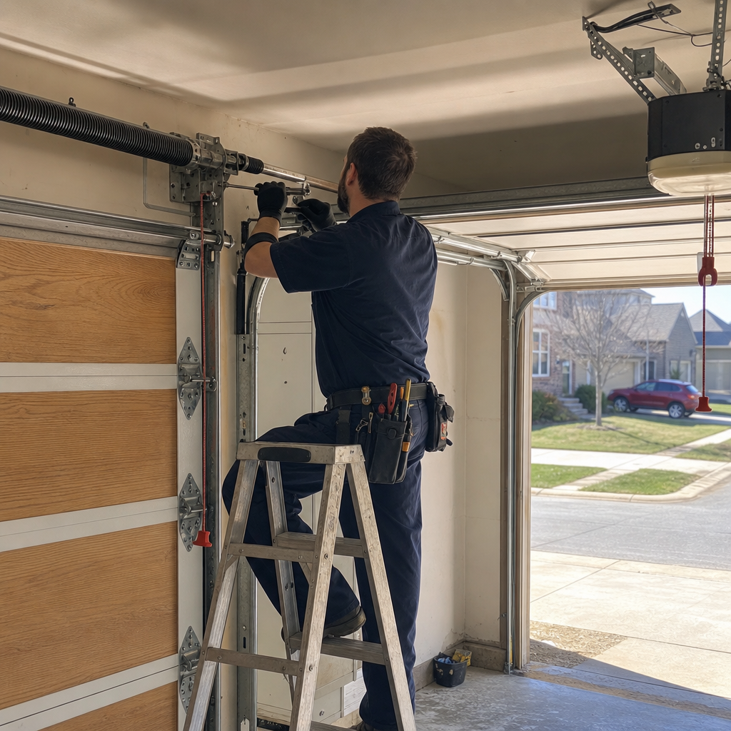 Professional technician performing emergency garage door repair service. in Cincinnati, OH