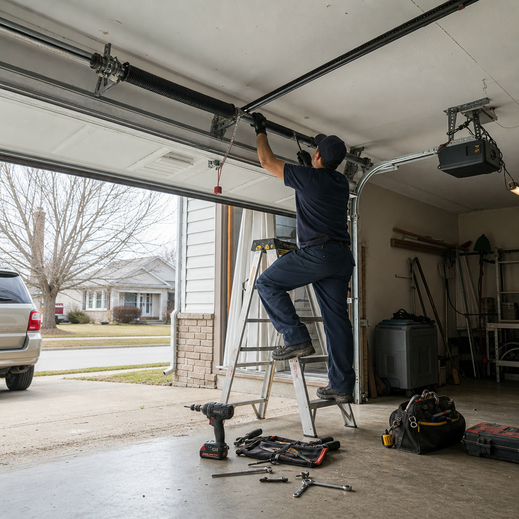 Technician performing emergency garage door spring repair and maintenance in Cincinnati, OH