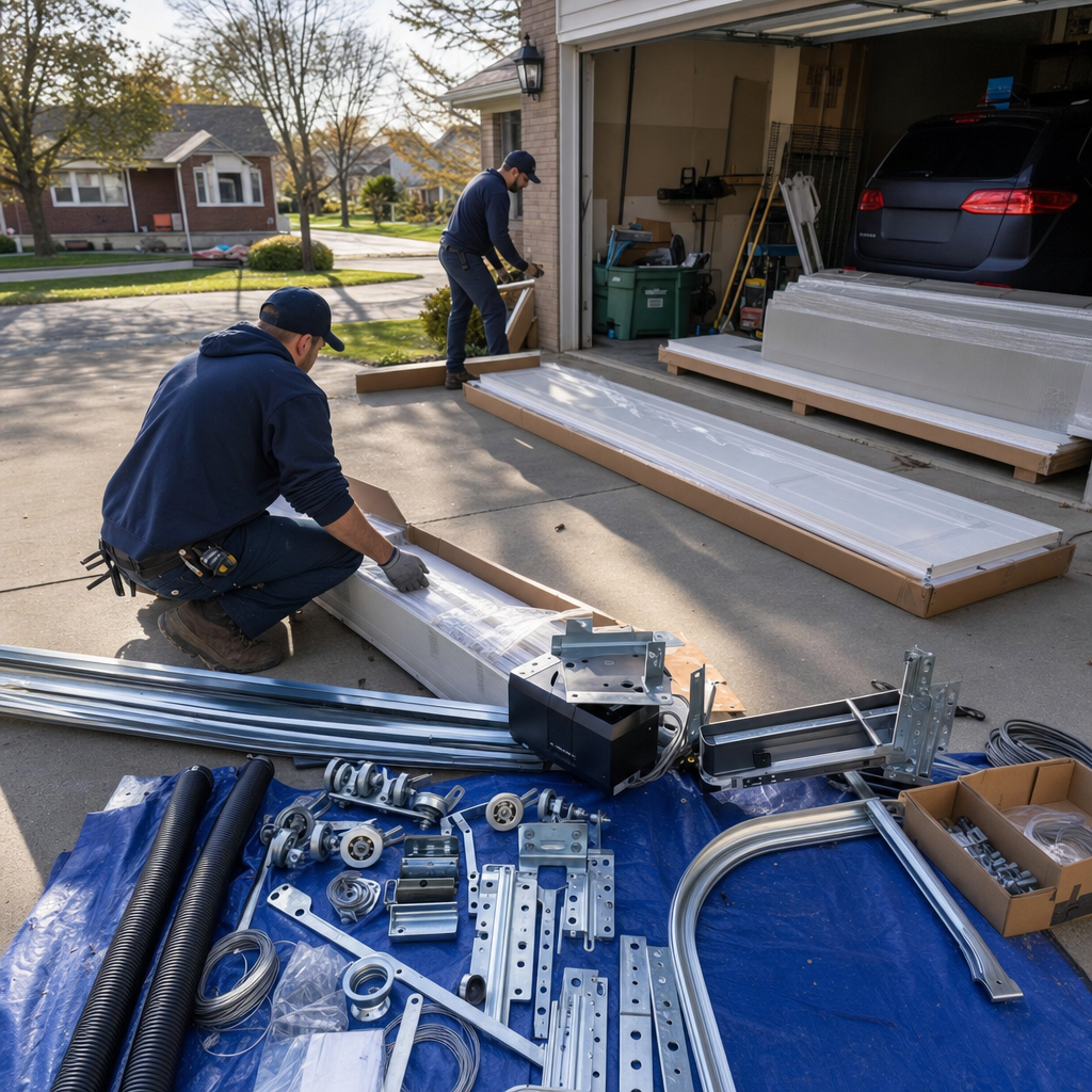Professional technicians preparing parts for a garage door installation service in Cincinnati, OH