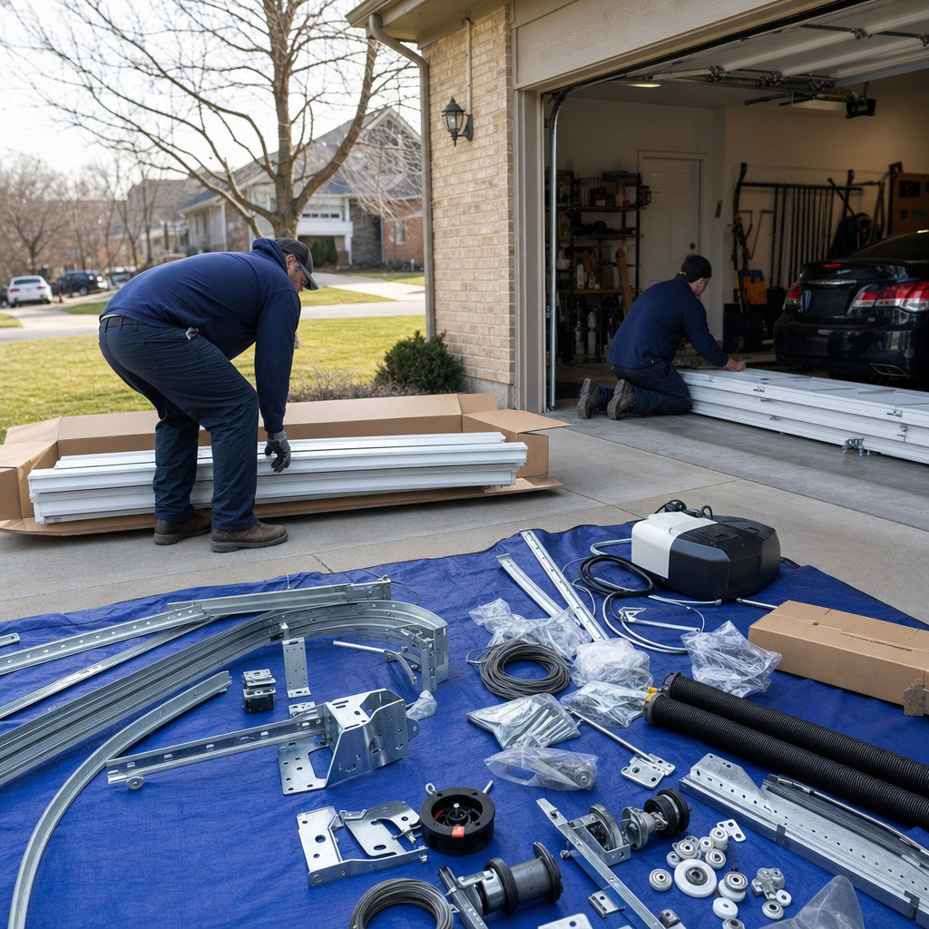 Two professional technicians installing a new residential garage door in Cincinnati, OH
