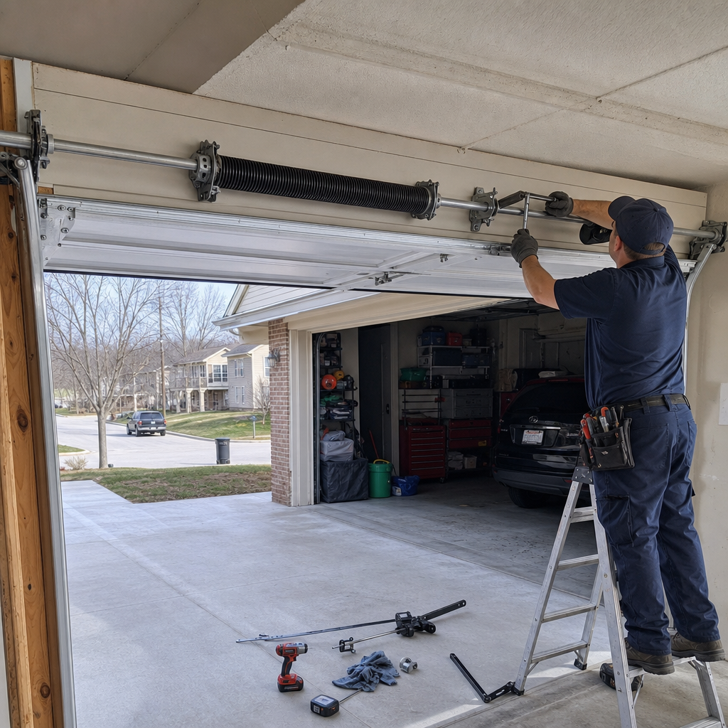 Technician performing professional garage door torsion spring repair and maintenance in Cincinnati, OH